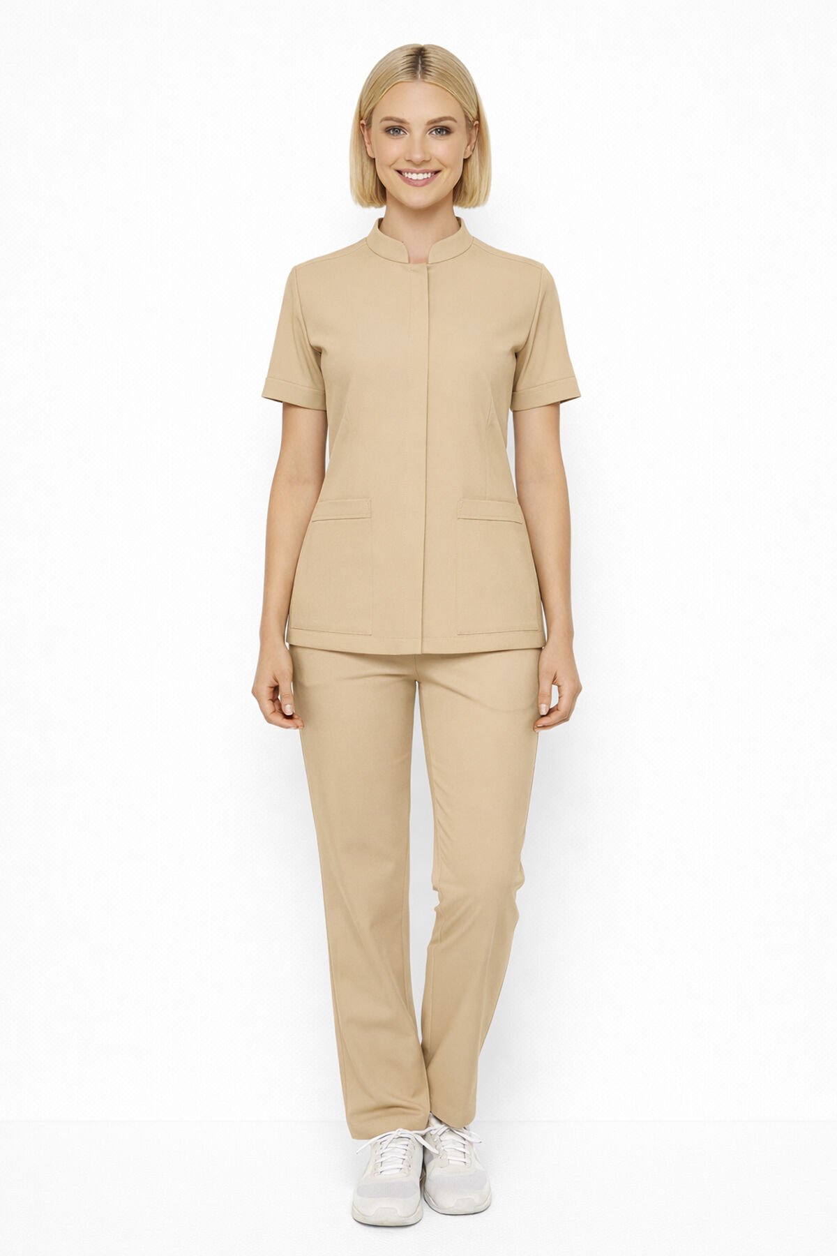 İmperial - Alya Kadın Likralı Medikal Scrubs Üniforma Takımı Doktor Hemşire Hastane Forması - Bej
