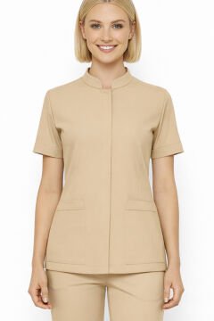 İmperial - Alya Kadın Likralı Medikal Scrubs Üniforma Üst Doktor Hemşire Hastane Forması Üst - Bej