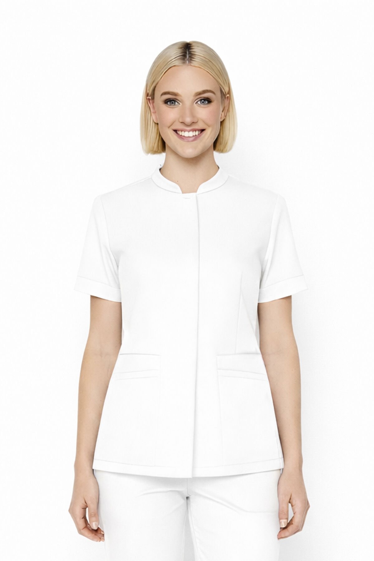 İmperial - Alya Kadın Likralı Medikal Scrubs Üniforma Üst Doktor Hemşire Hastane Forması Üst - Beyaz
