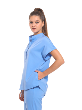 SANEM- Kadın Likralı Buz Mavi Üniforma Üst