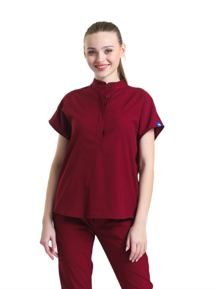 SANEM - Kadın Likralı Bordo Üniforma Üst